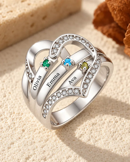Bague pierre de naissance personnalisée 3-4 prénoms et gravure intérieure - bague de famille cœur avec prénoms gravés et pierres simulées, rhodiée