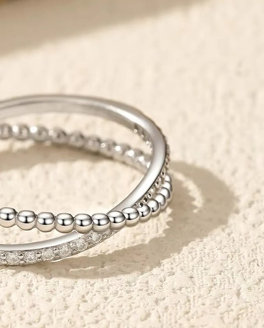 Bague croisée en moissanite et argent 925 – anneau perlé croisant un anneau pavé, fine bague à empiler, tailles 5-9