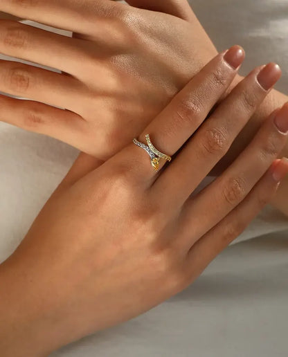 Bague Croisée Bicolore - poire jaune au croisement de deux anneaux pavés, tailles 5 à 9, argent massif 925