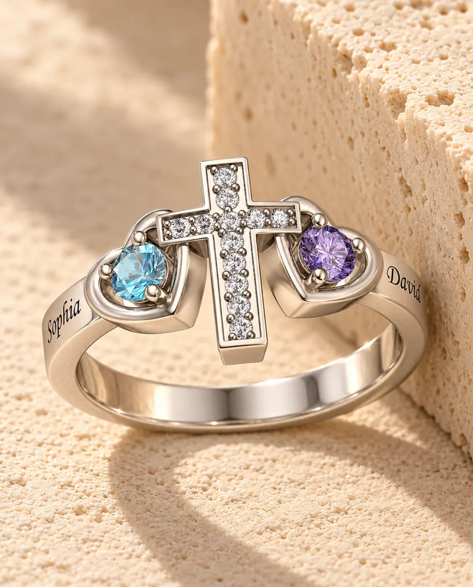Bague pierre de naissance personnalisée 2 prénoms - bague croix en argent 925 - en argent sterling