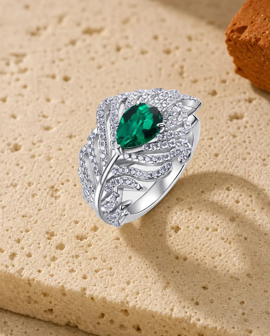 Bague Émeraude – Ovale Créée en Laboratoire avec Ailes de Plumes Pavées, Argent 925 Anneau Ajustable, Cadeau pour Elle