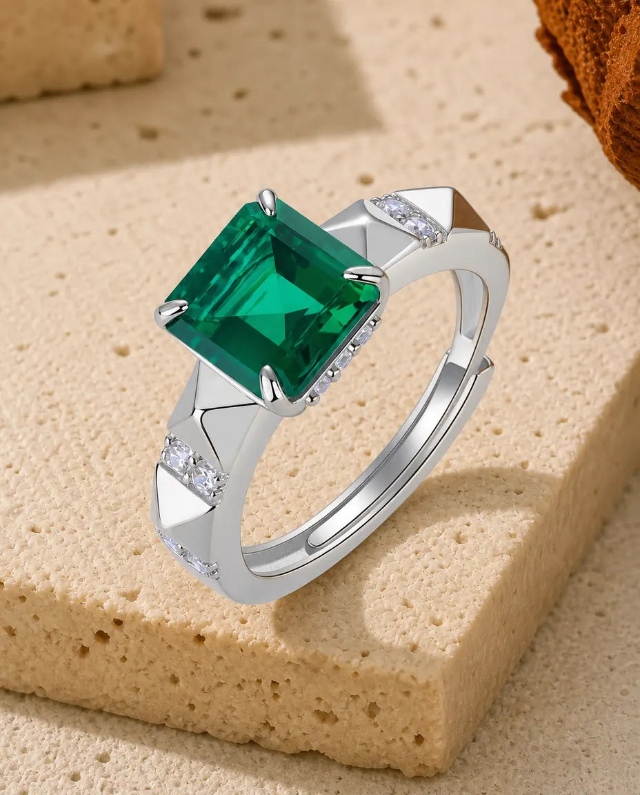 Bague Émeraude créée en laboratoire – Pierre carrée 8x8 mm sur anneau Art déco, argent 925, ouverte ajustable, pour femme