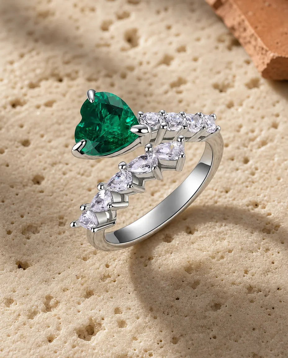 Bague Émeraude – Bague Étoile Filante avec Émeraude Cœur Créée en Laboratoire, Anneau Ouvert Ajustable en Argent 925, cadeau pour femme