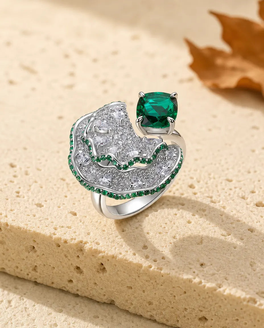 Bague Émeraude – Émeraude Verte Créée en Laboratoire sur Éventail Pavé, Argent 925, Pierre de Naissance de Mai, Cadeau pour Elle