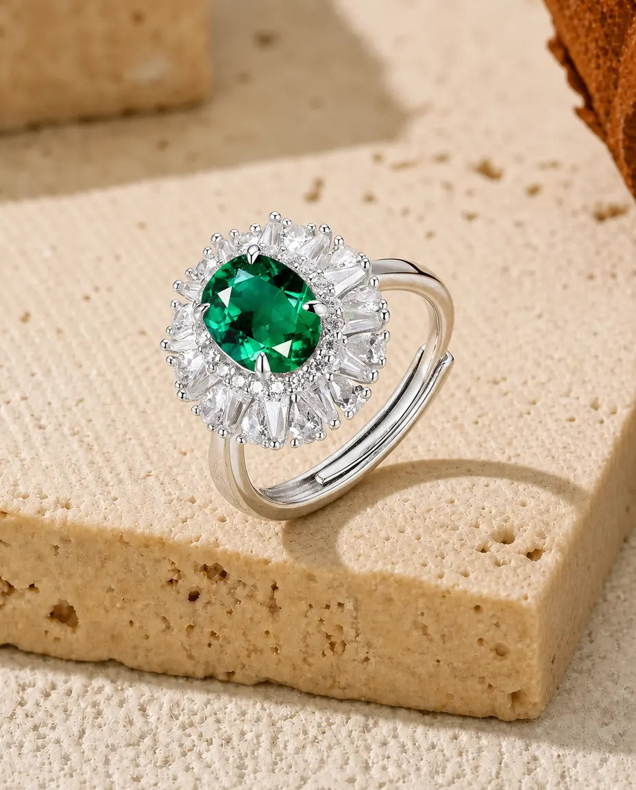 Bague Émeraude – Émeraude Ovale Créée en Laboratoire avec Halo Rayonnant, Argent 925, Pierre de Naissance de Mai, cadeau pour femme