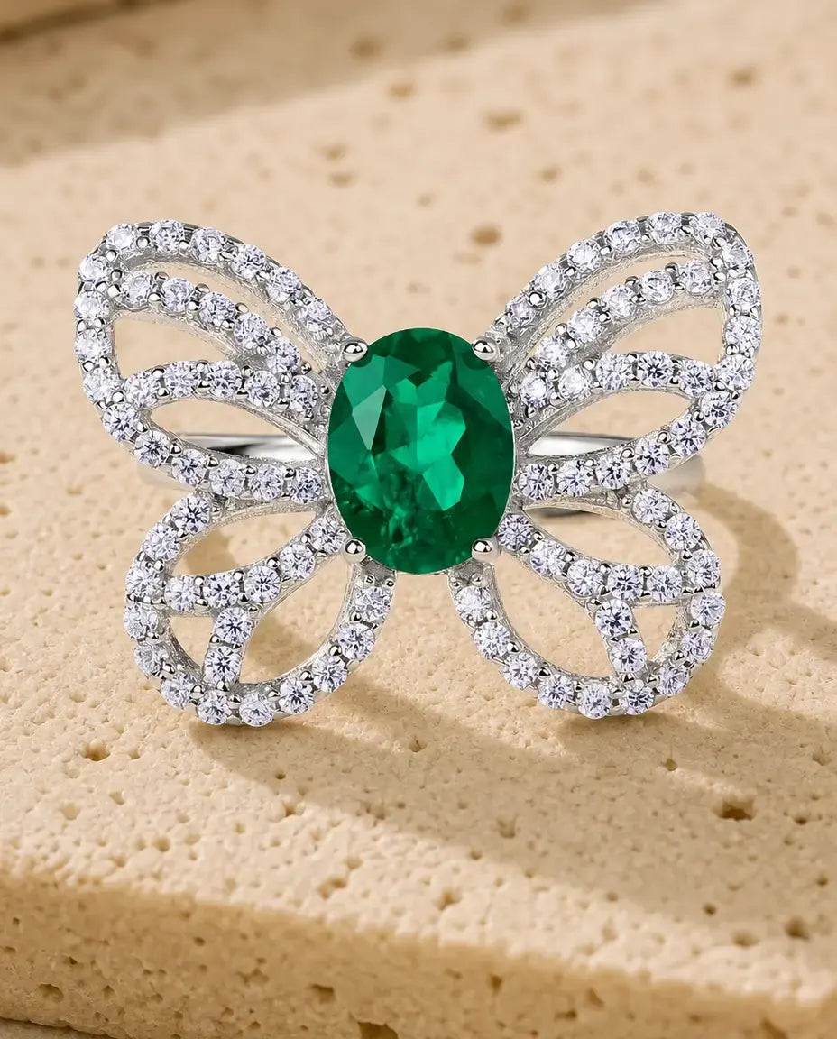 Bague Émeraude – Bague Papillon avec Émeraude Ronde Créée en Laboratoire, Anneau Ouvert Ajustable en Argent 925, cadeau pour Elle