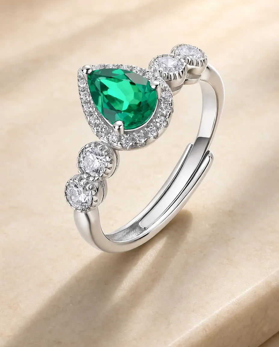 Bague Émeraude créée en laboratoire – Taille poire, argent 925, anneau ouvert ajustable, cadeau pour Elle