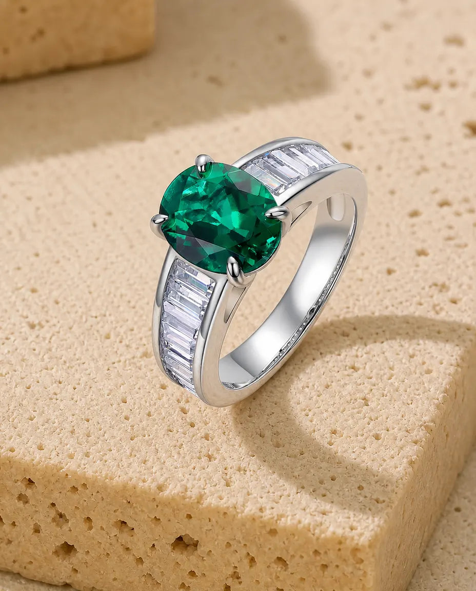 Bague Émeraude – Solitaire Ovale Créé en Laboratoire avec Épaules Baguettes, Argent 925, Bague Statement pour Femme