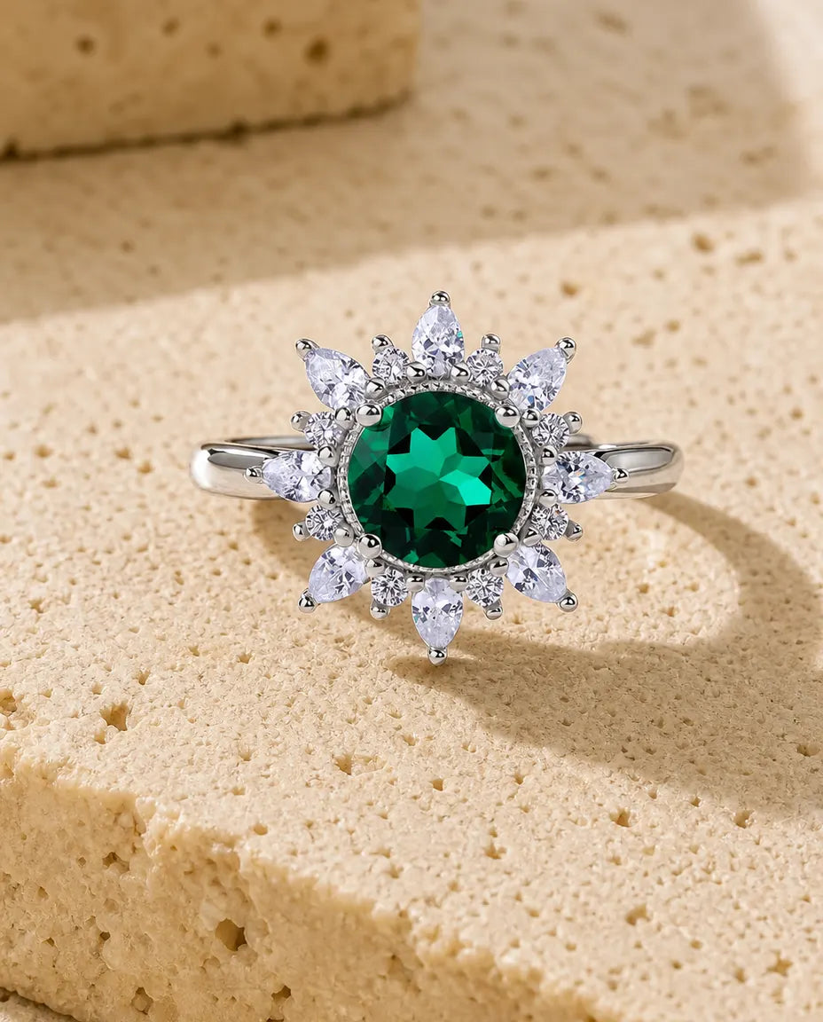 Bague Émeraude – Ronde Créée en Laboratoire avec Halo Tournesol, Argent Sterling 925 Ajustable, Cadeau pour Elle