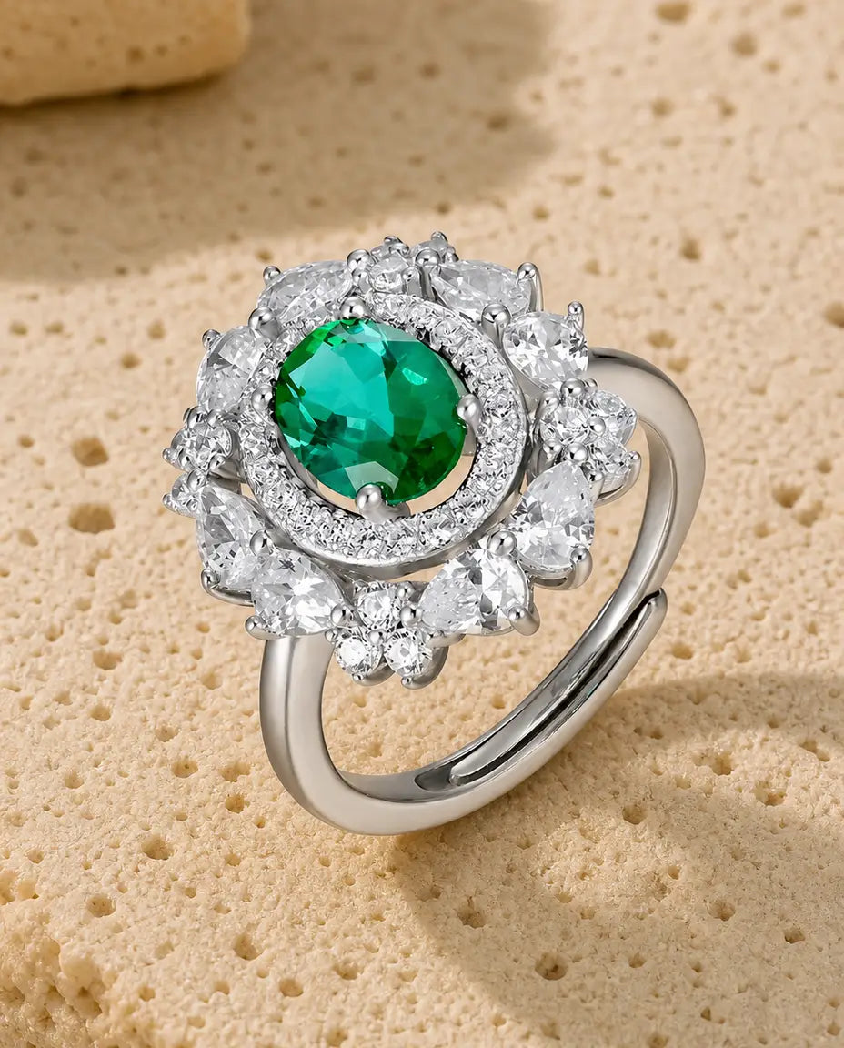 Bague Émeraude – Ovale Créée en Laboratoire, Double Halo Vintage, Anneau Ouvert Ajustable, Argent 925, cadeau pour Elle