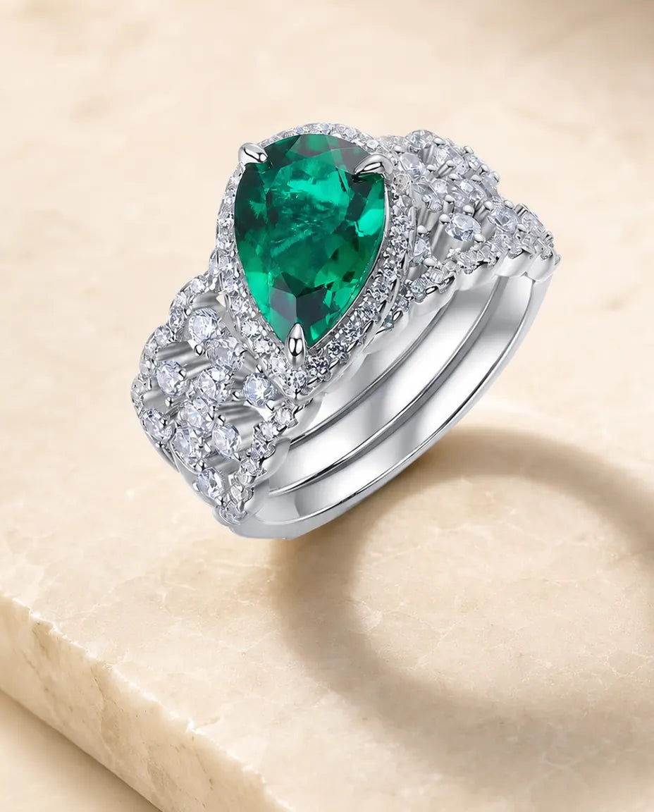 Bague Émeraude – Duo halo poire, émeraude créée en laboratoire et anneau pavé assorti, argent 925, pour femme
