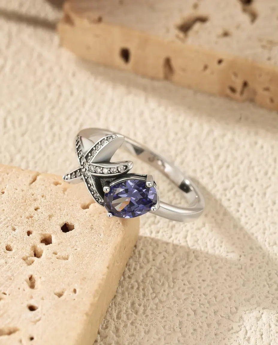 Bague Étoile de Mer - zircon violet ovale 5 x 7 mm et étoile pavée, tailles 5 à 9, argent 925