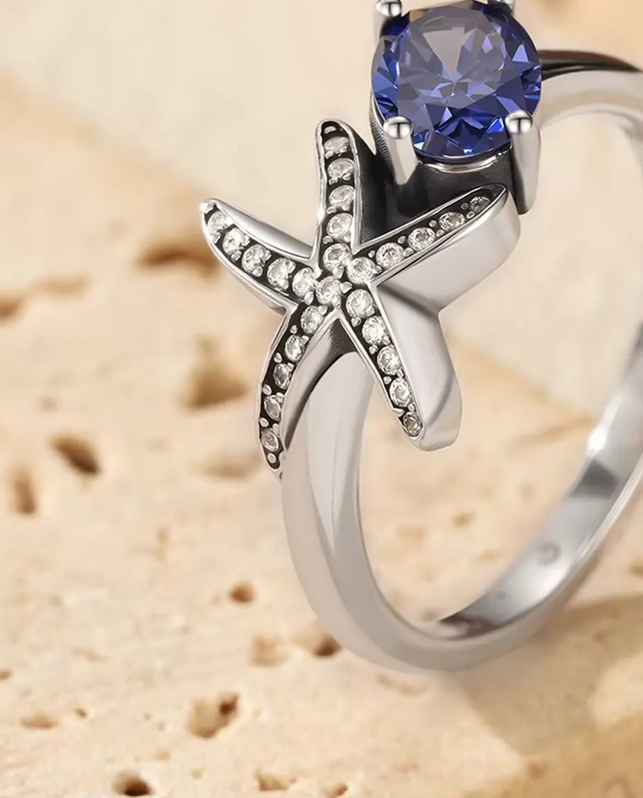 Bague Étoile de Mer - zircon violet ovale 5 x 7 mm et étoile pavée, tailles 5 à 9, argent 925