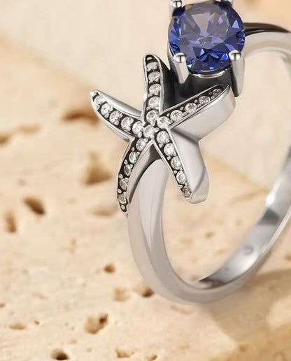 Bague Étoile de Mer - zircon violet ovale 5 x 7 mm et étoile pavée, tailles 5 à 9, argent 925