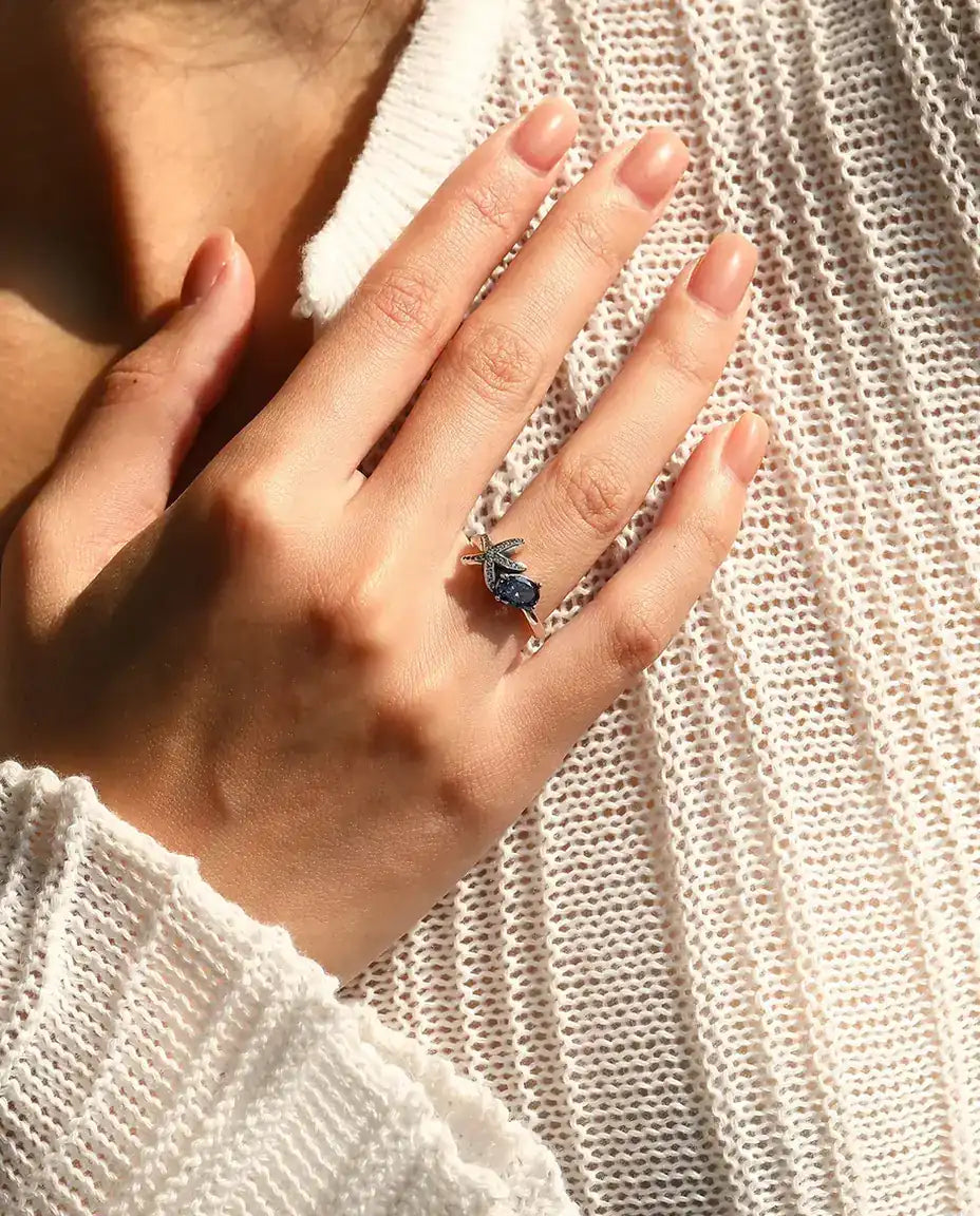 Bague Étoile de Mer - zircon violet ovale 5 x 7 mm et étoile pavée, tailles 5 à 9, argent 925