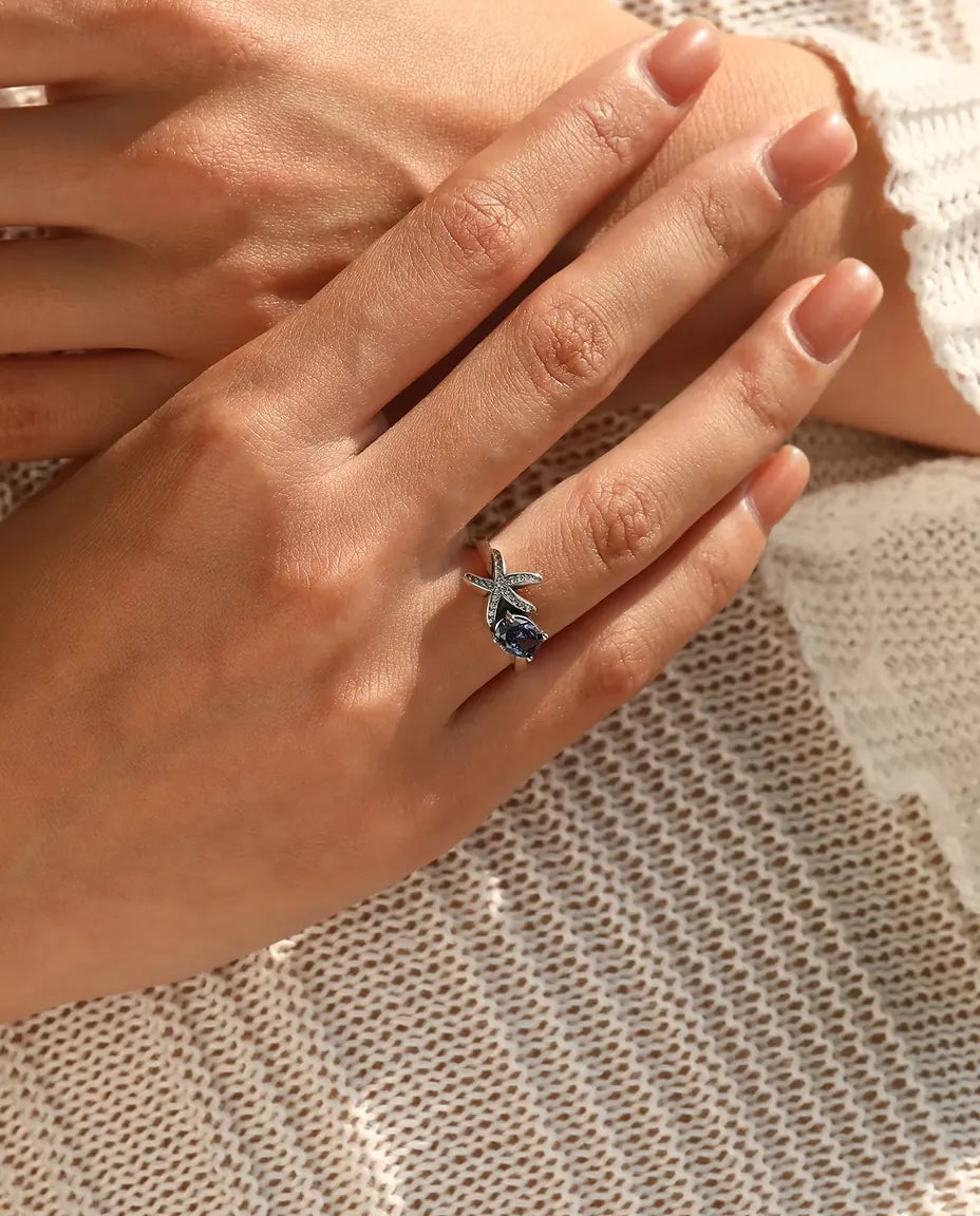 Bague Étoile de Mer - zircon violet ovale 5 x 7 mm et étoile pavée, tailles 5 à 9, argent 925