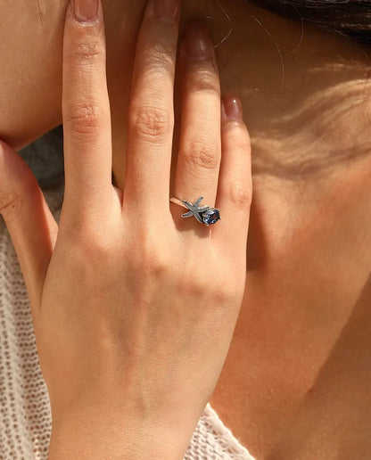 Bague Étoile de Mer - zircon violet ovale 5 x 7 mm et étoile pavée, tailles 5 à 9, argent 925
