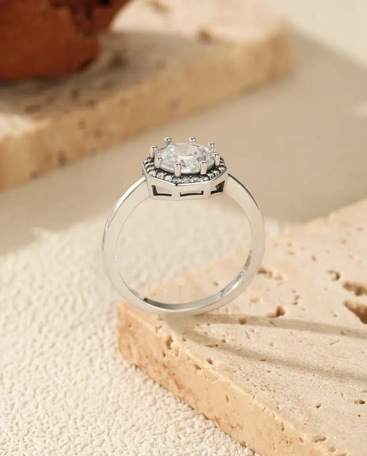Bague Halo octogonale - zircon taille à degrés et entourage pavé, 9,5 mm, tailles 5 à 9, argent 925