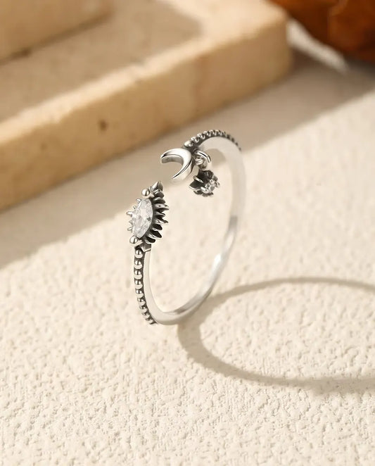 Bague lune et étoile ouverte - zircon marquise sur anneau perlé oxydé, argent 925, ajustable US 6 à 9