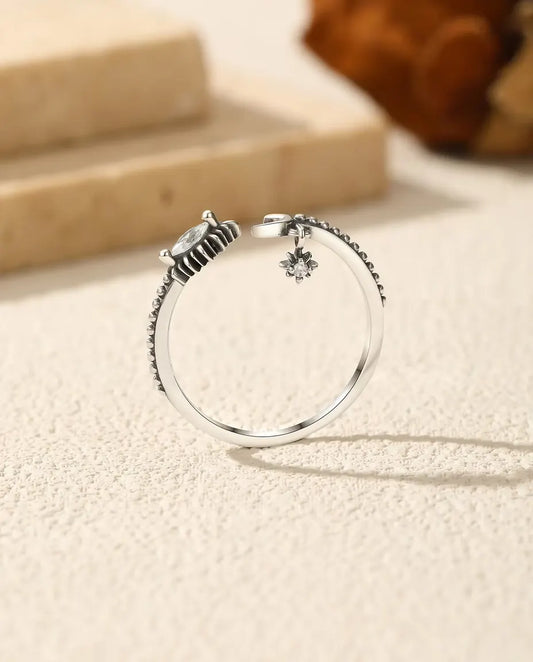 Bague lune et étoile ouverte - zircon marquise sur anneau perlé oxydé, argent 925, ajustable US 6 à 9