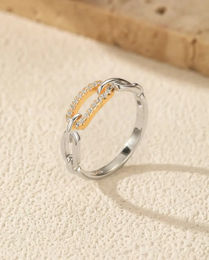Bague Maillons Bicolore - maillon pavé doré entre deux maillons argent, tailles 5 à 9, argent massif 925