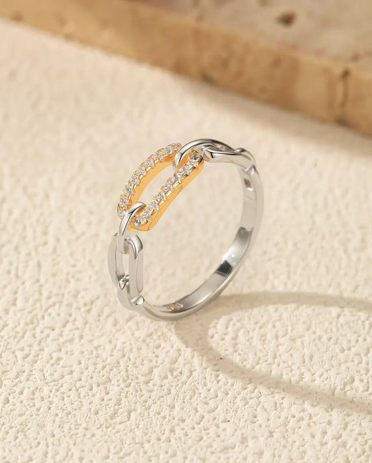 Bague Maillons Bicolore - maillon pavé doré entre deux maillons argent, tailles 5 à 9, argent massif 925