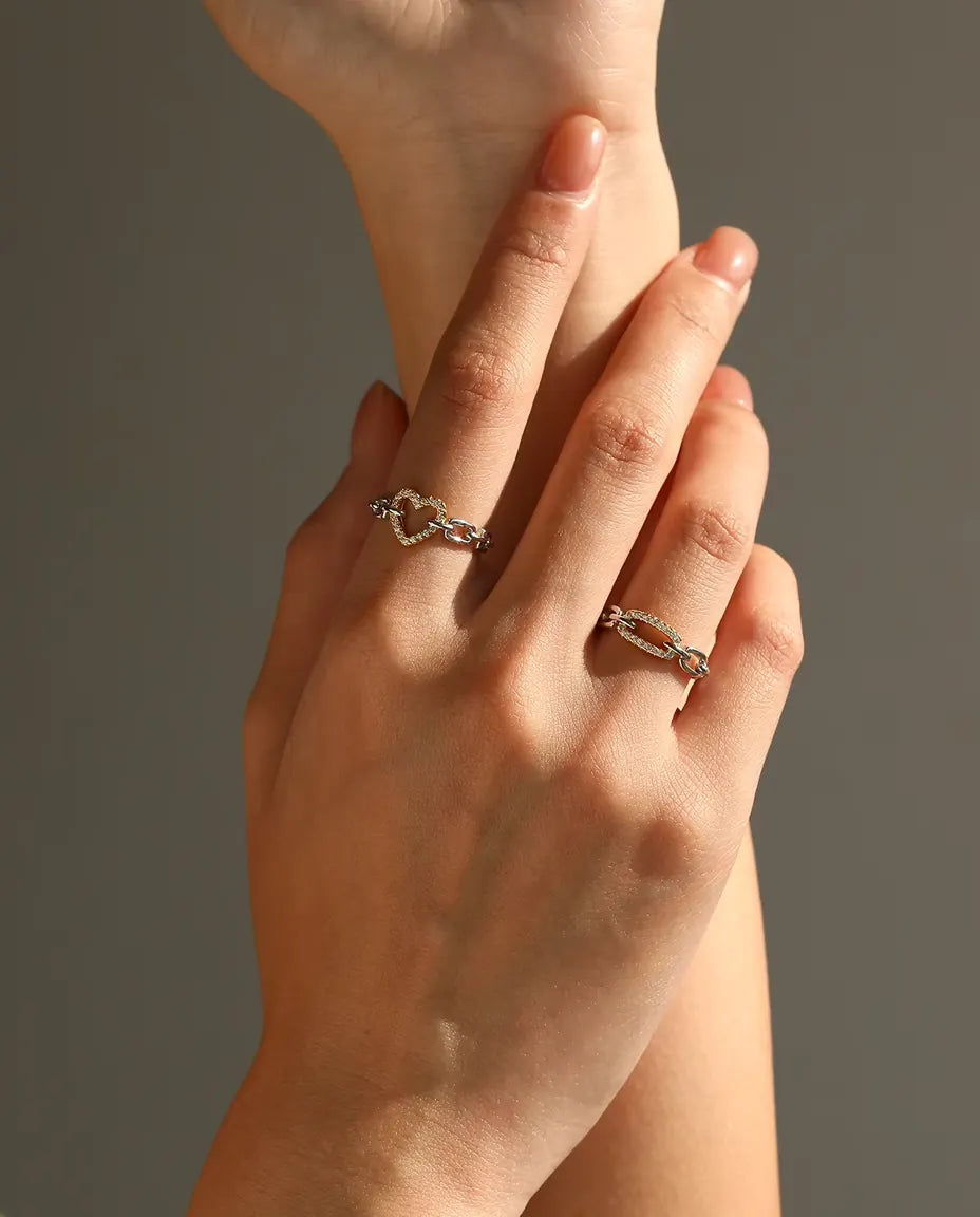 Bague Maillons Bicolore - maillon pavé doré entre deux maillons argent, tailles 5 à 9, argent massif 925