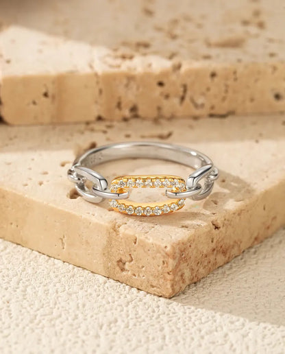 Bague Maillons Bicolore - maillon pavé doré entre deux maillons argent, tailles 5 à 9, argent massif 925