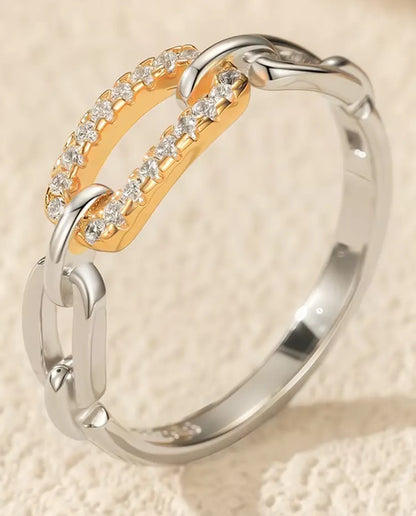 Bague Maillons Bicolore - maillon pavé doré entre deux maillons argent, tailles 5 à 9, argent massif 925