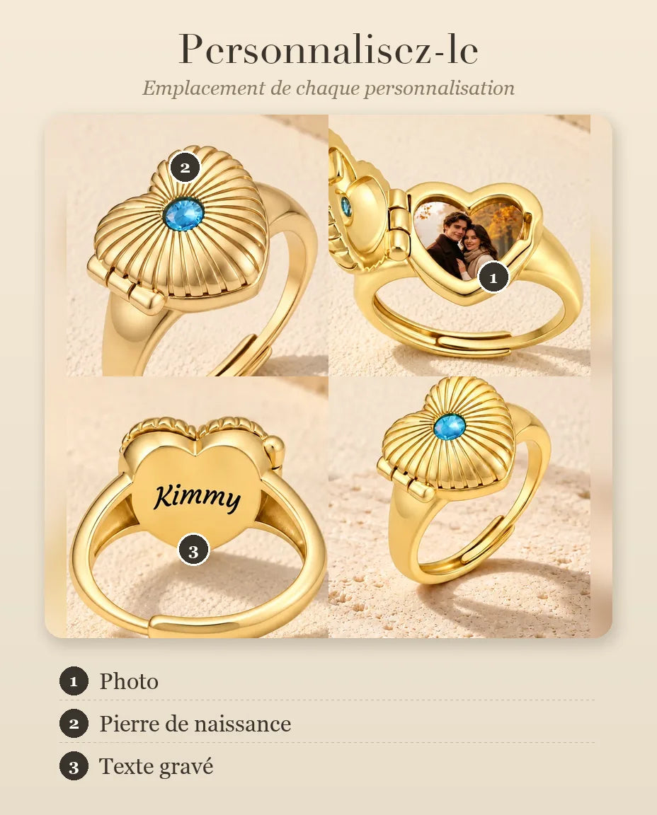 Guide de personnalisation de la bague médaillon cœur : photo, pierre de naissance et gravure
