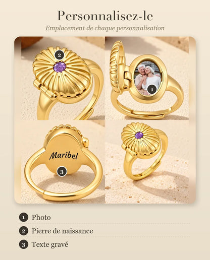Guide de personnalisation de la bague médaillon ovale : photo, pierre de naissance et gravure