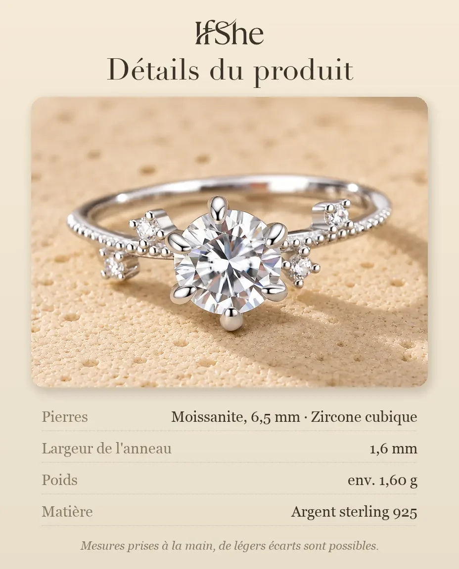 Bague Moissanite - dimensions et matière