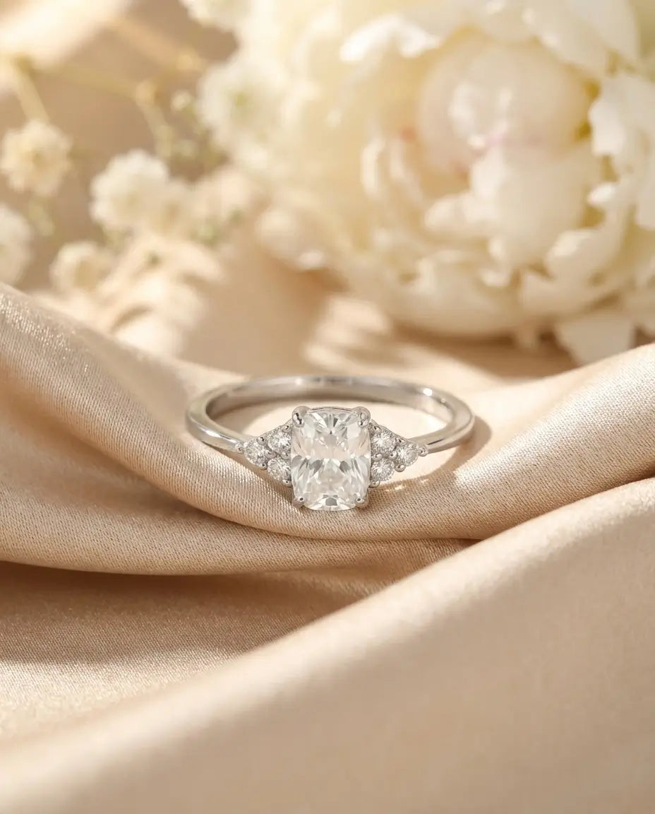 Bague Moissanite – 1 ct Coussin Allongé Couleur D VVS1, Argent 925, Bague de Fiançailles Cluster, cadeau pour Elle