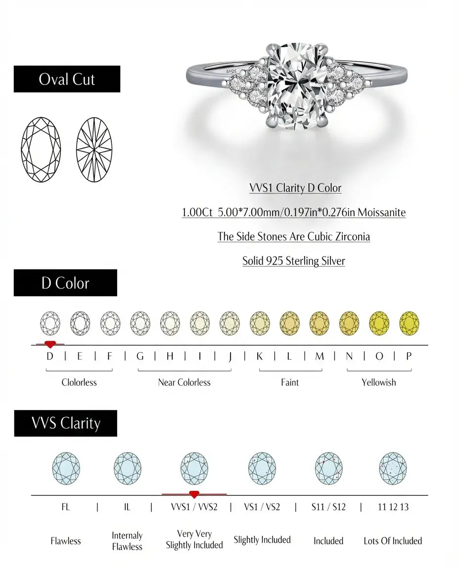 Bague Moissanite – 1 ct Coussin Allongé Couleur D VVS1, Argent 925, Bague de Fiançailles Cluster, cadeau pour Elle