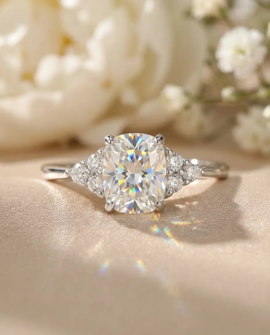 Bague Moissanite – 1 ct Coussin Allongé Couleur D VVS1, Argent 925, Bague de Fiançailles Cluster, cadeau pour Elle