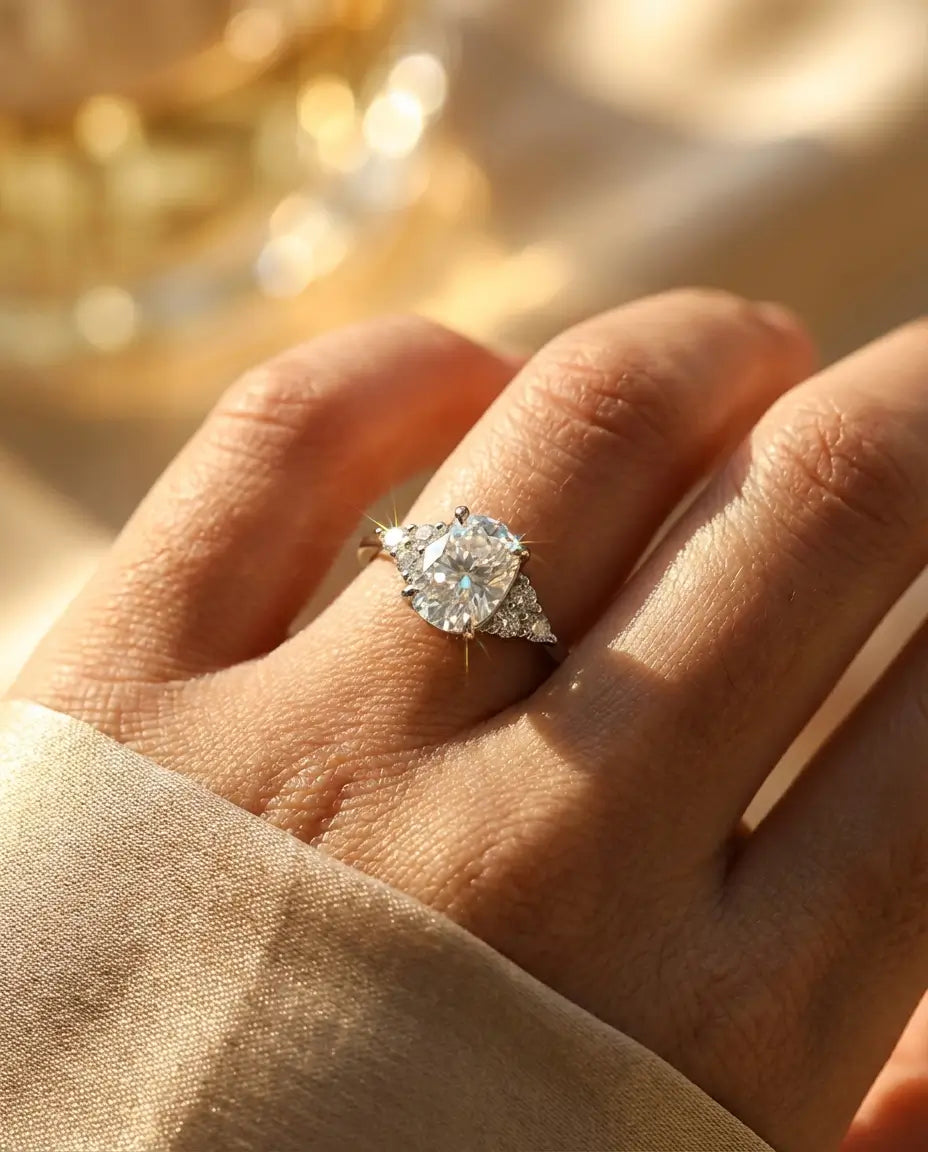 Bague Moissanite – 1 ct Coussin Allongé Couleur D VVS1, Argent 925, Bague de Fiançailles Cluster, cadeau pour Elle