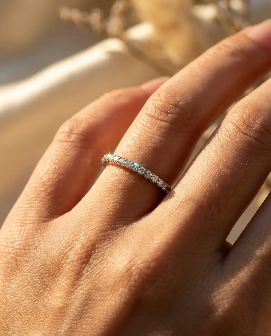 Bague Moissanite – Alliance Pavé Fine 1,3 mm en Argent 925, Anneau Empilable, cadeau pour femme