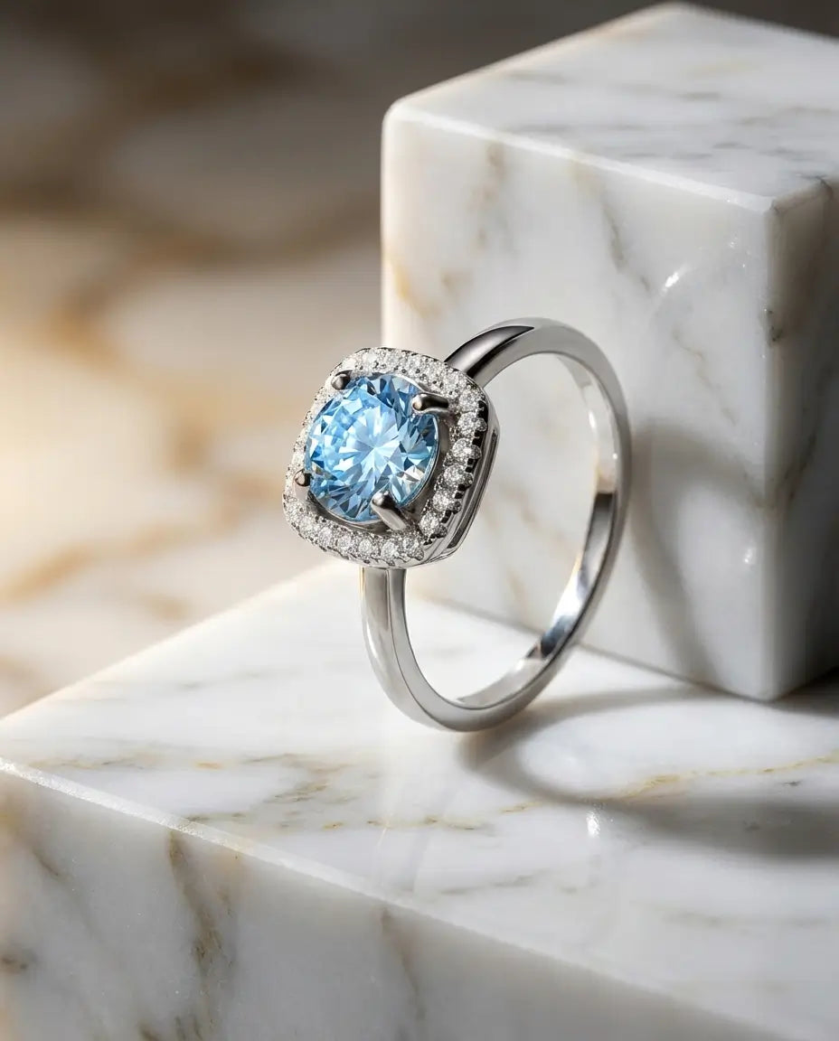 Bague Moissanite – Bleu Mer 1 Carat Halo Classique VVS1 en Argent 925, cadeau pour Elle