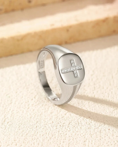 Bague Moissanite – Chevalière Croix Pavée Couleur D en Argent 925, Bague Ovale Polie pour Femme et Homme