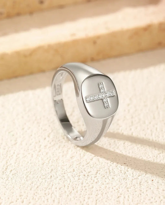 Bague Moissanite – Chevalière Croix Pavée Couleur D en Argent 925, Bague Ovale Polie pour Femme et Homme