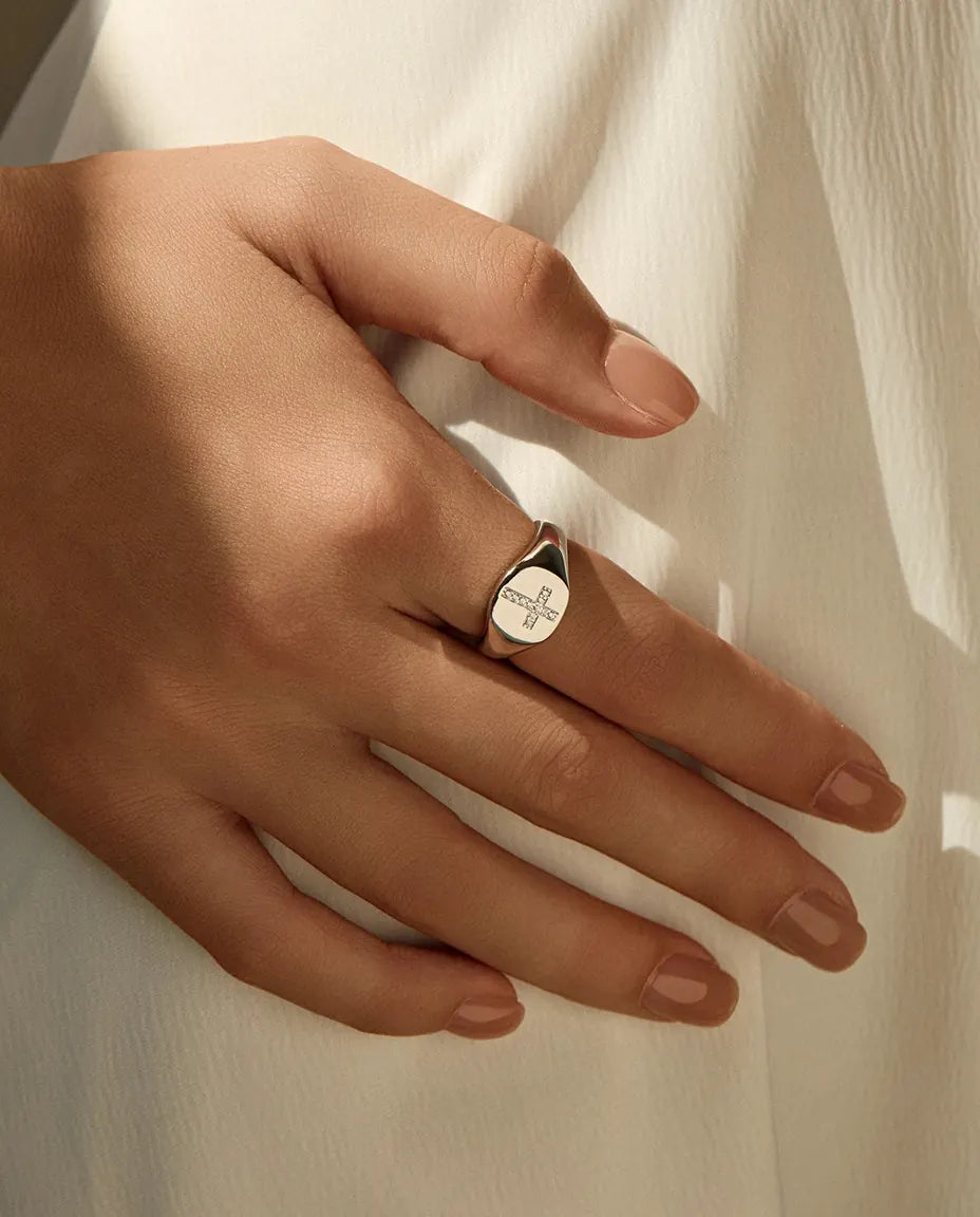 Bague Moissanite – Chevalière Croix Pavée Couleur D en Argent 925, Bague Ovale Polie pour Femme et Homme