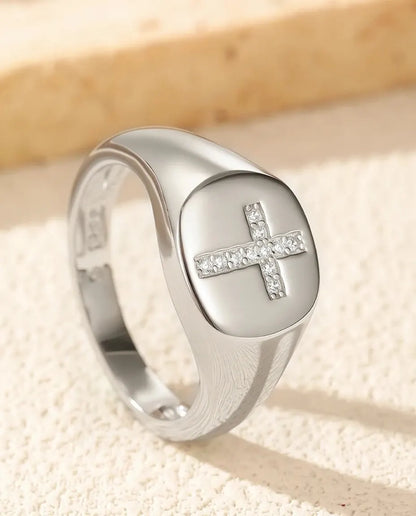 Bague Moissanite – Chevalière Croix Pavée Couleur D en Argent 925, Bague Ovale Polie pour Femme et Homme