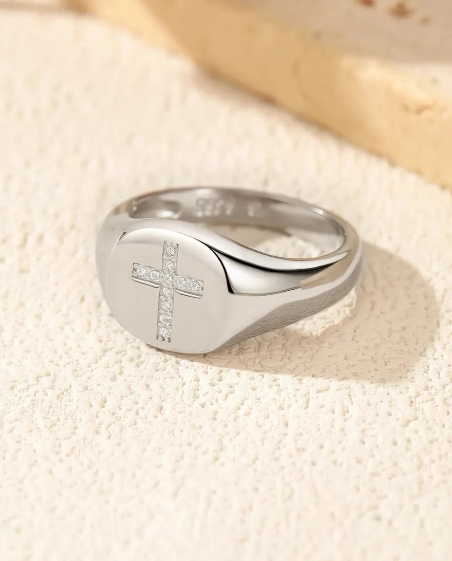 Bague Moissanite – Chevalière Croix Pavée Couleur D en Argent 925, Bague Ovale Polie pour Femme et Homme