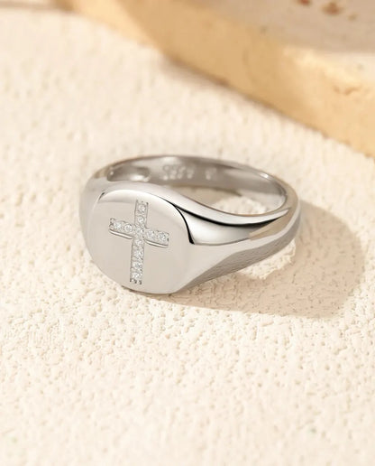 Bague Moissanite – Chevalière Croix Pavée Couleur D en Argent 925, Bague Ovale Polie pour Femme et Homme