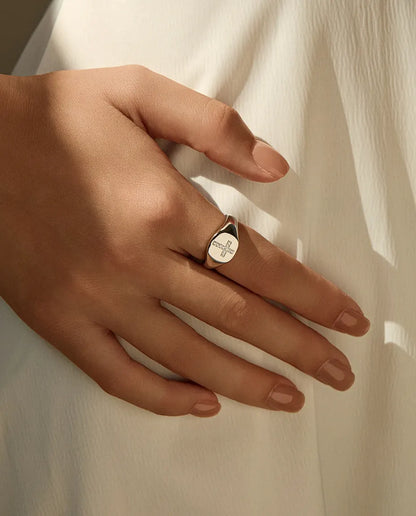 Bague Moissanite – Chevalière Croix Pavée Couleur D en Argent 925, Bague Ovale Polie pour Femme et Homme