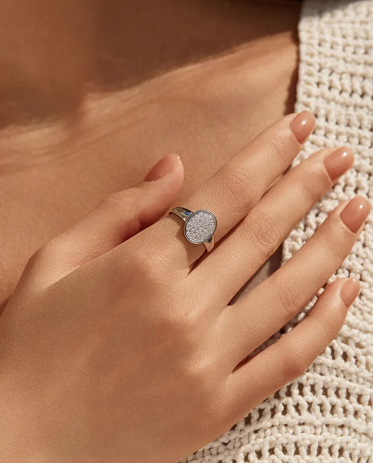 Bague Moissanite – Chevalière Ovale Pavée de 29 Pierres Couleur D en Argent 925, Bague Statement pour Femme
