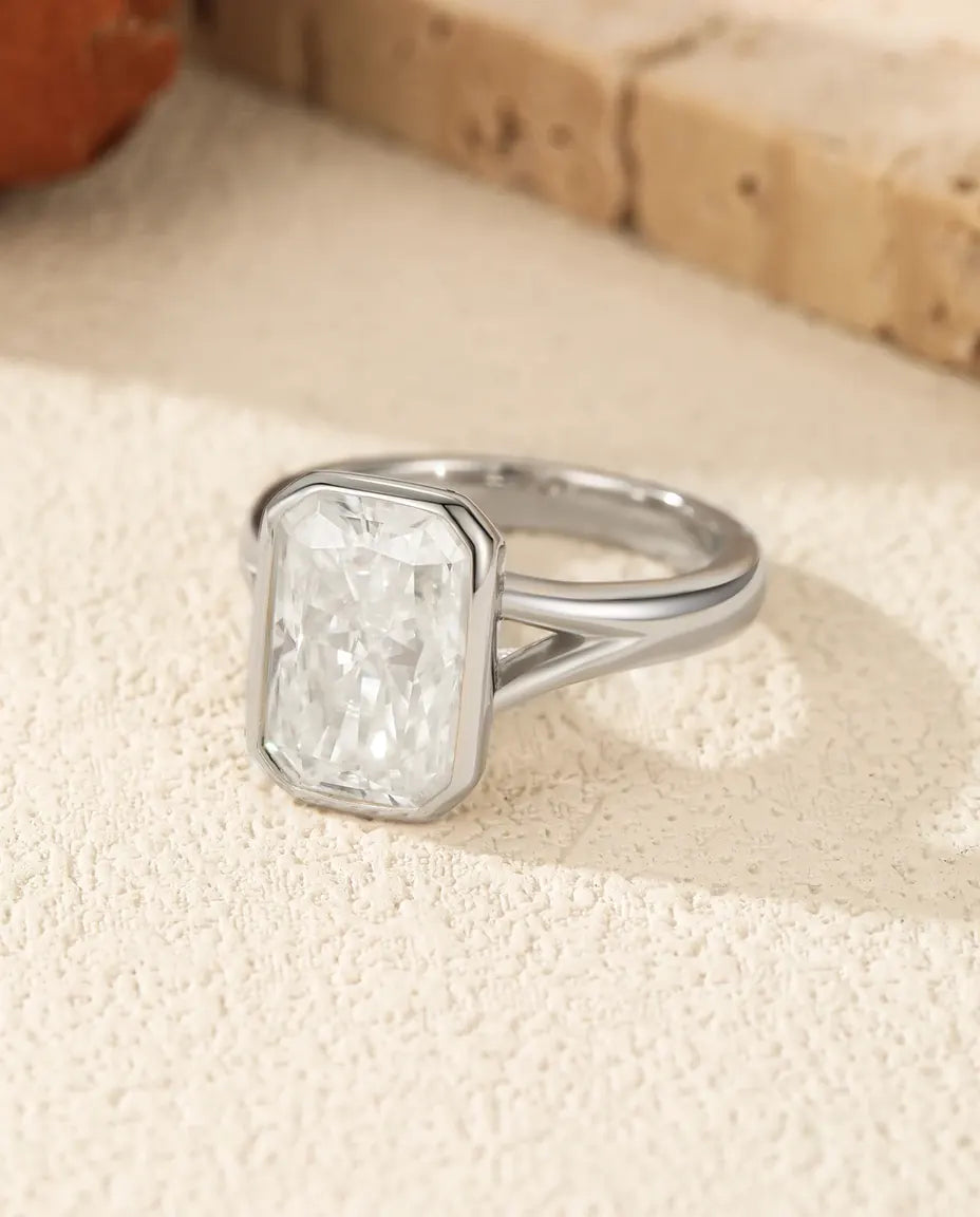 Bague Moissanite – Bague Cocktail 4,5 Ct Taille Rectangle Couleur D, Serti Clos en Argent 925, cadeau pour femme