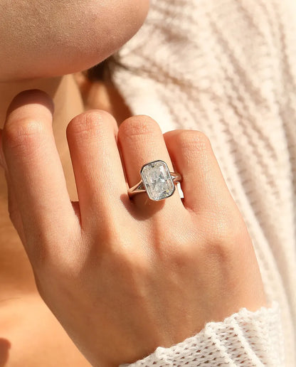 Bague Moissanite – Bague Cocktail 4,5 Ct Taille Rectangle Couleur D, Serti Clos en Argent 925, cadeau pour femme