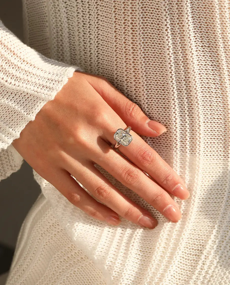 Bague Moissanite – Bague Cocktail 4,5 Ct Taille Rectangle Couleur D, Serti Clos en Argent 925, cadeau pour femme