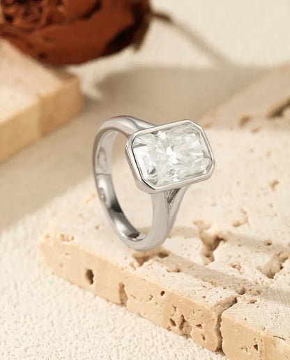 Bague Moissanite – Bague Cocktail 4,5 Ct Taille Rectangle Couleur D, Serti Clos en Argent 925, cadeau pour femme